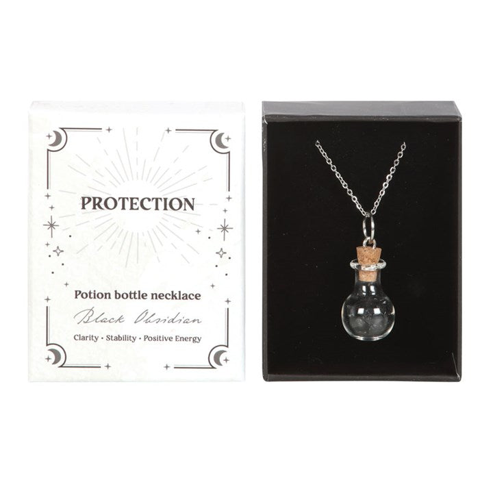 Black Obsidian - Crystal Chip Potion Bottle Necklace (Protection)