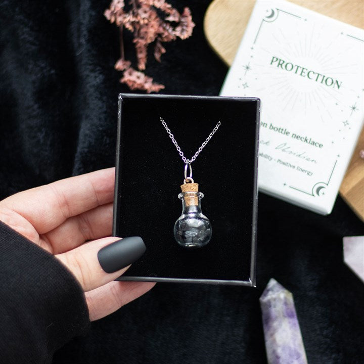Black Obsidian - Crystal Chip Potion Bottle Necklace (Protection)