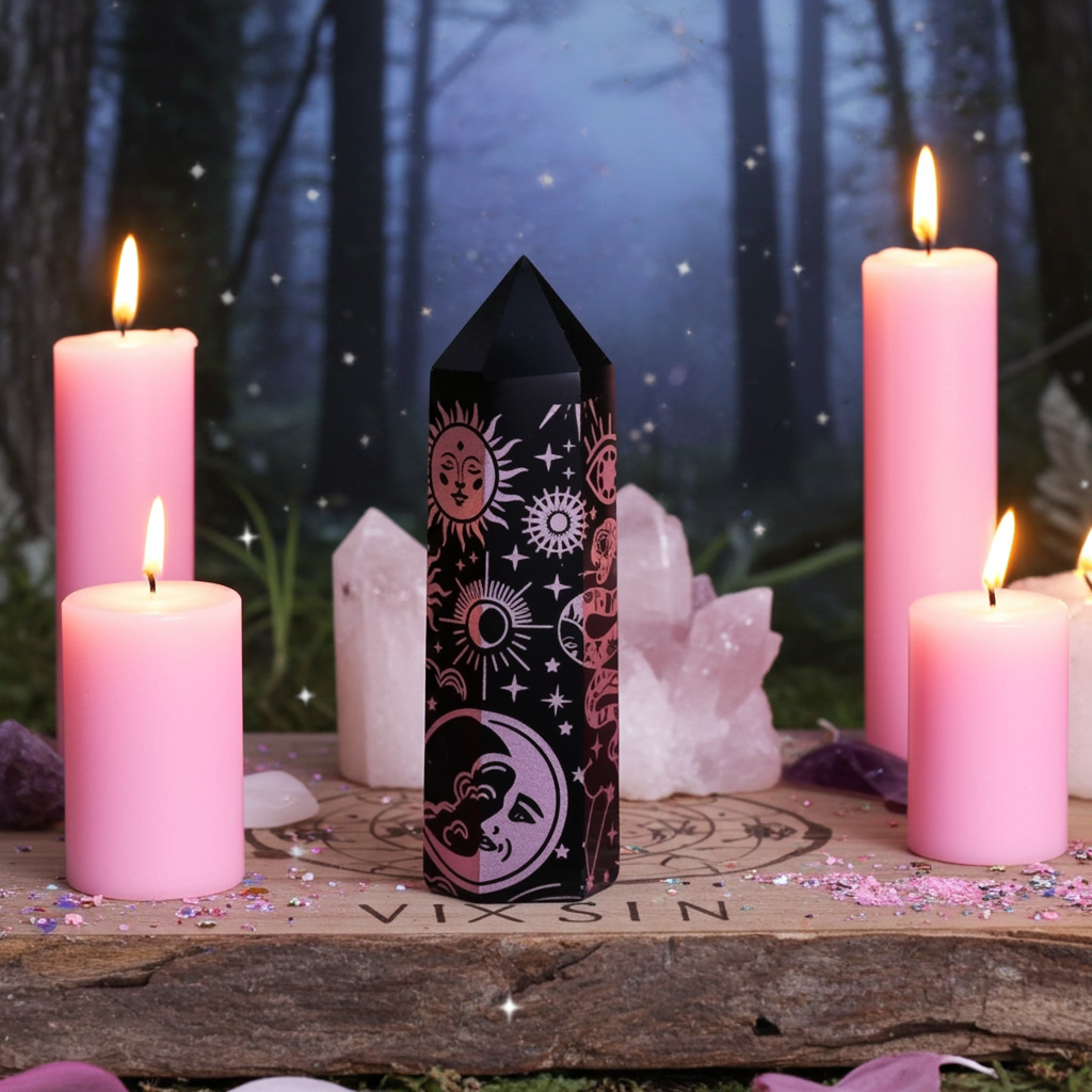 Black Obsidian Points (approx 60-70 gm 9cm) - Mystic Story - Rose Pink