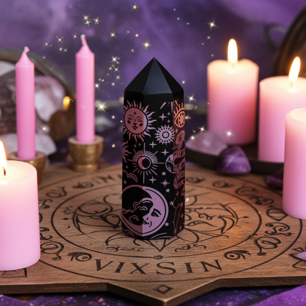 Black Obsidian Points (approx 60-70 gm 9cm) - Mystic Story - Rose Pink