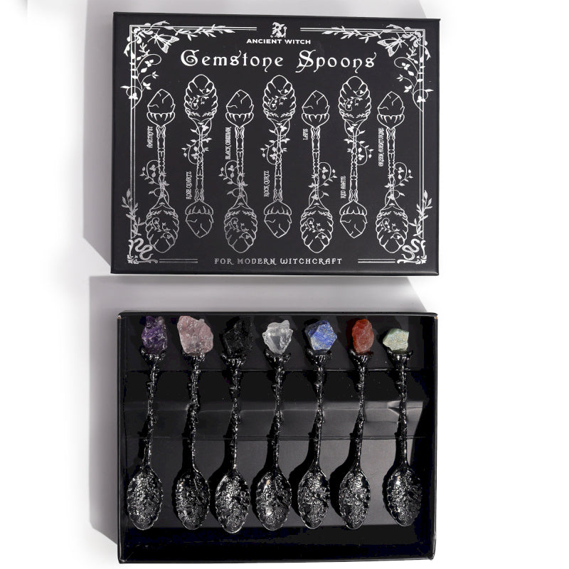 Ancient Witch - Set of 7 Dark Silver Gemstone Crystal Witch Spoons