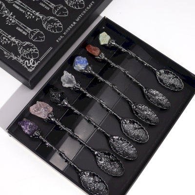 Ancient Witch - Set of 7 Dark Silver Gemstone Crystal Witch Spoons