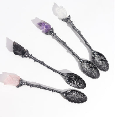 Ancient Witch - Set of 7 Dark Silver Gemstone Crystal Witch Spoons