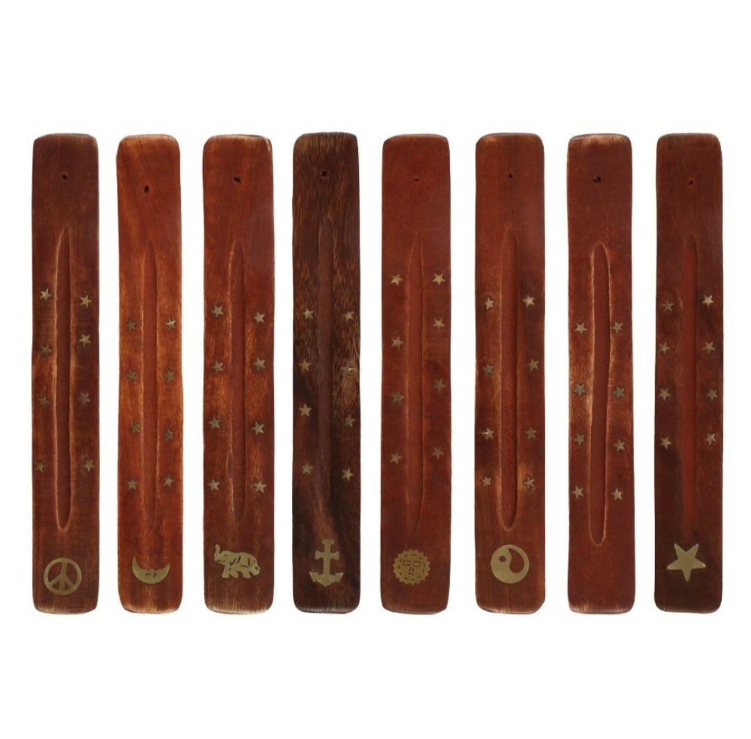 Mango Wood Incense Holder with Brass Inlay