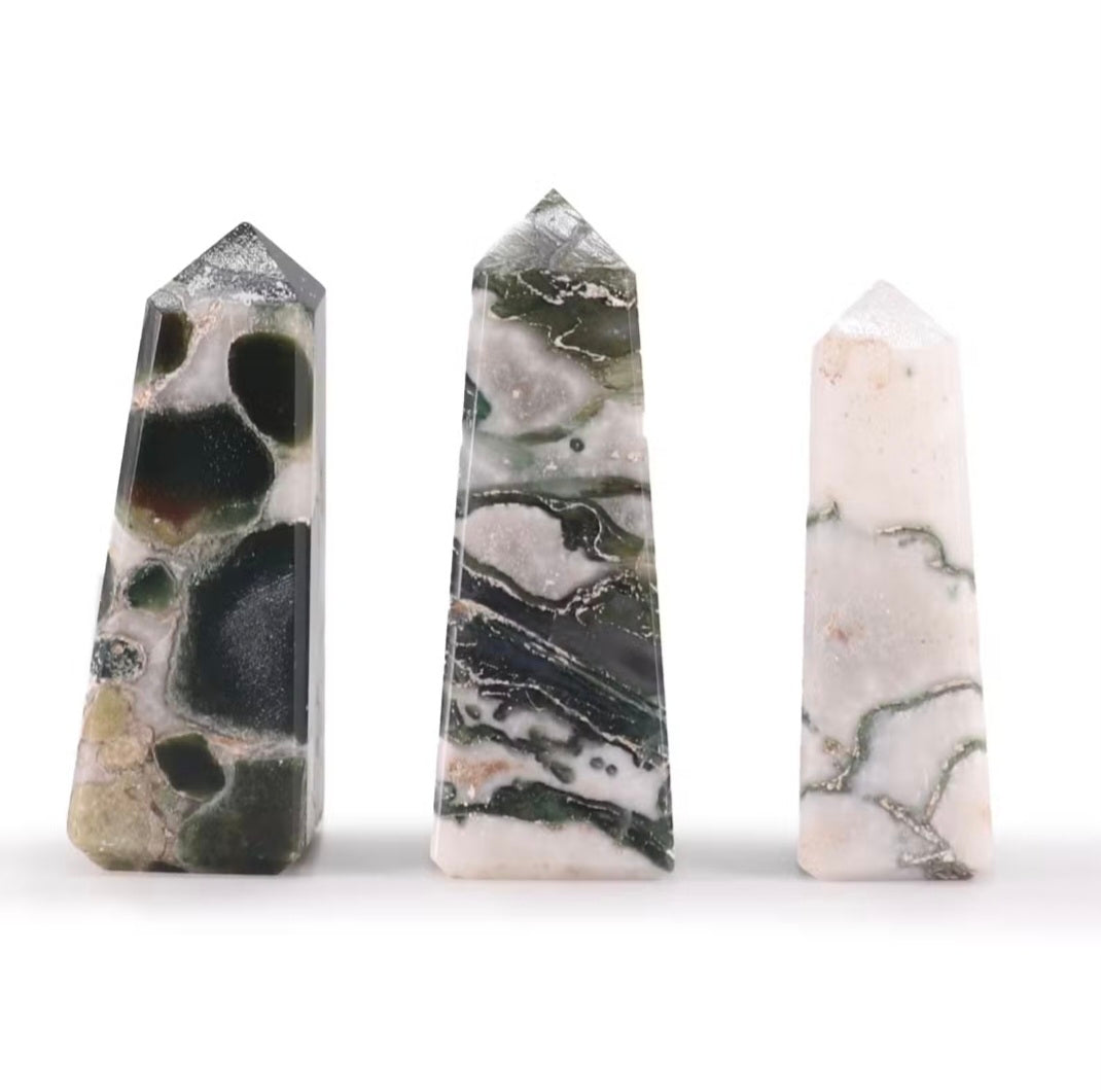 Moss Agate Gemstone Obelisk Points – Approx. 5cm