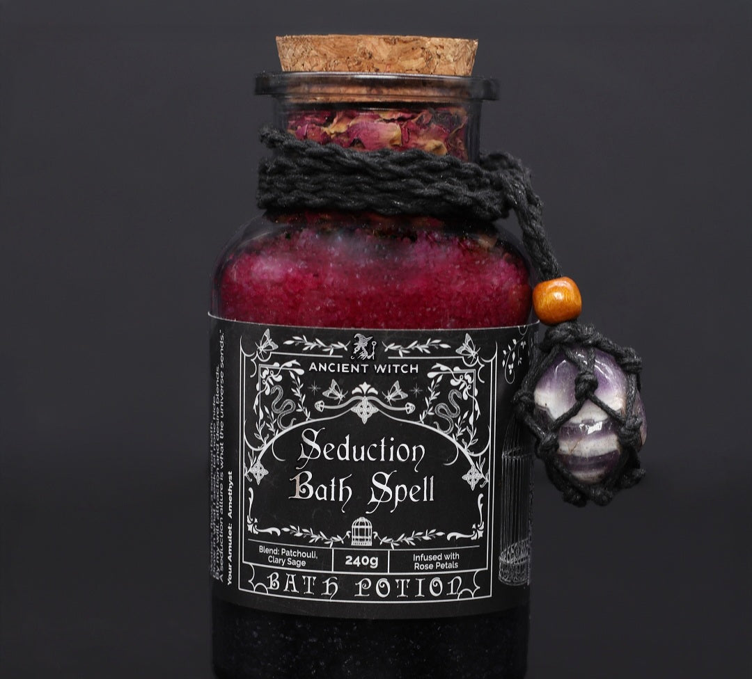 Ancient Witch Bath Spell Potion & Amethyst Crystal Amulet - Seduction