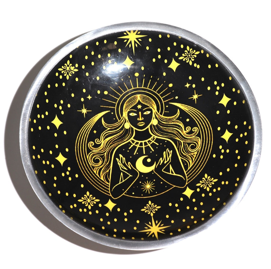 Triple‑Leg Enamelled Offering Plate – Gold Goddess on Black