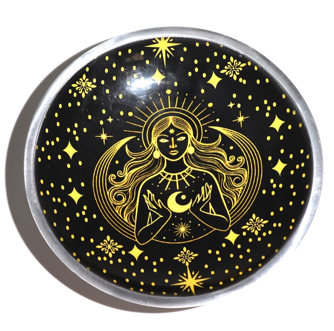 Triple‑Leg Enamelled Offering Plate – Gold Goddess on Black
