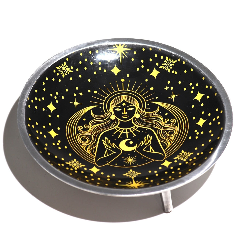 Triple‑Leg Enamelled Offering Plate – Gold Goddess on Black
