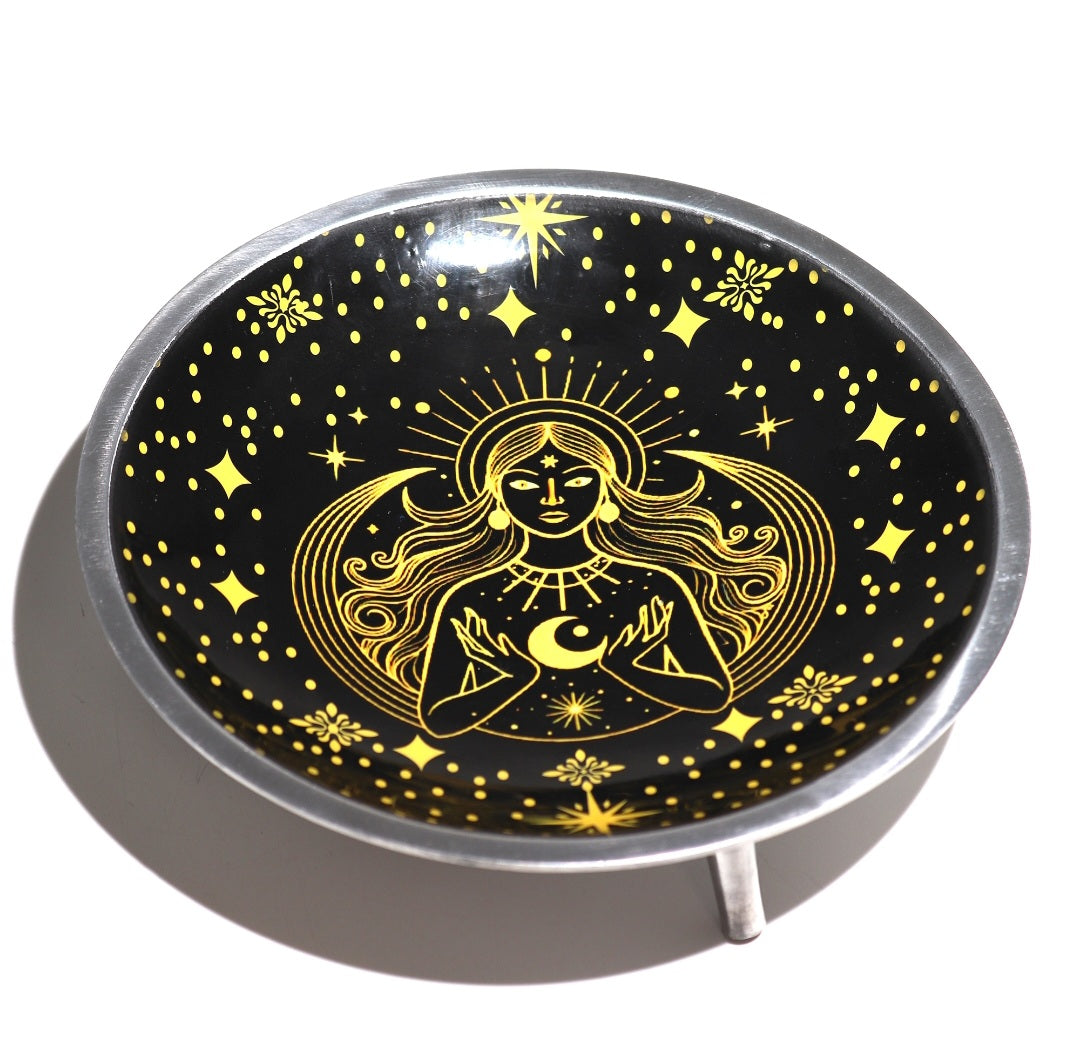 Triple‑Leg Enamelled Offering Plate – Gold Goddess on Black