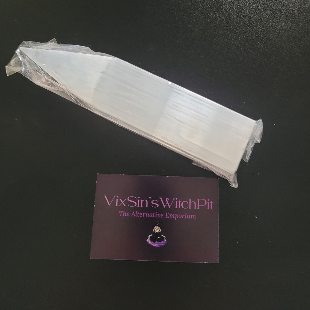 Selenite Obelisk with VixSin's WitchPit Branding.