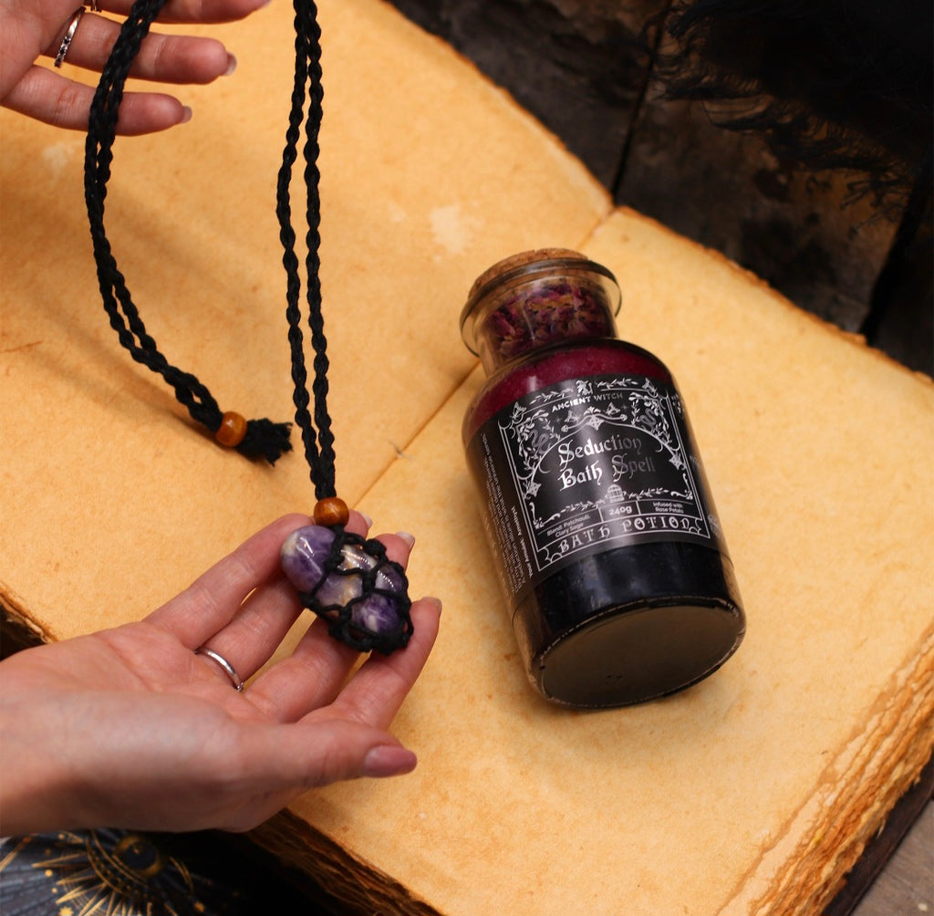 Ancient Witch Bath Spell Potion & Amethyst Crystal Amulet - Seduction