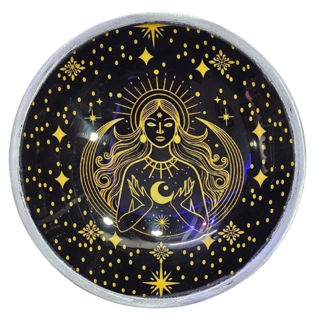 Triple‑Leg Enamelled Offering Plate – Gold Goddess on Black