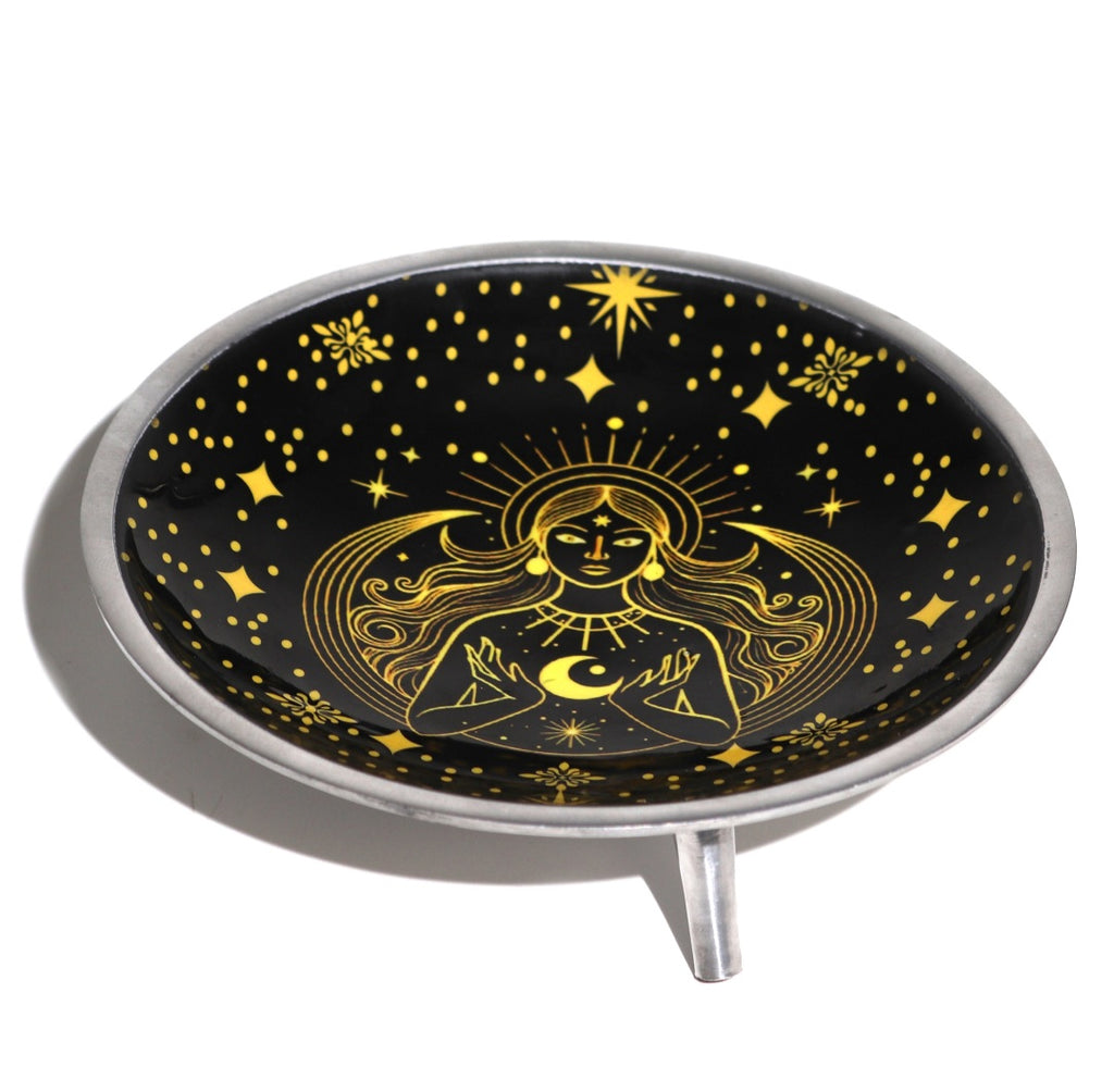 Triple‑Leg Enamelled Offering Plate – Gold Goddess on Black
