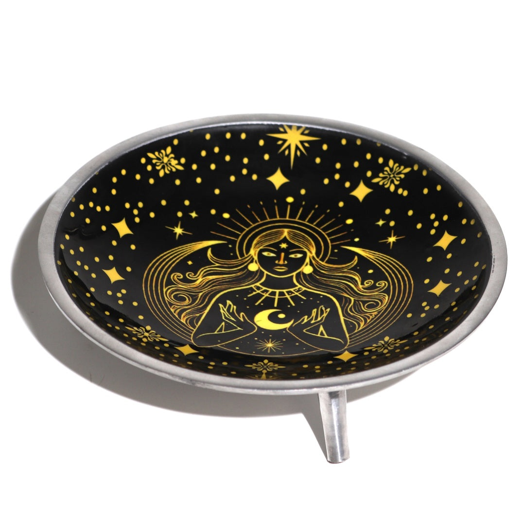 Triple‑Leg Enamelled Offering Plate – Gold Goddess on Black
